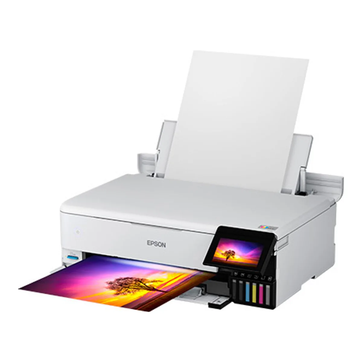 Epson EcoTank Photo ET-8550 in white with the rear paper feed support raised and a sheet loaded, a landscape photo print on the front output