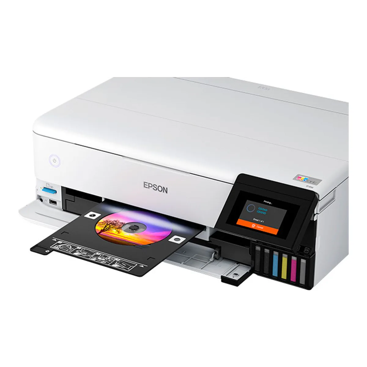 Epson ET-8550 printing onto a disc in the CD/DVD tray at the front, with the print job on the touchscreen and six ink tanks beside it