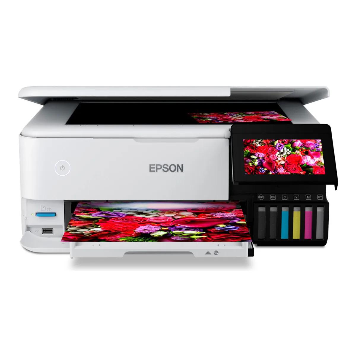 Epson EcoTank Photo ET-8550 wide-format all-in-one printer in white, front view, six labeled refillable Claria ET ink tanks to the right of a tilted 4.3-inch color touchscreen, with a color photo on the output tray