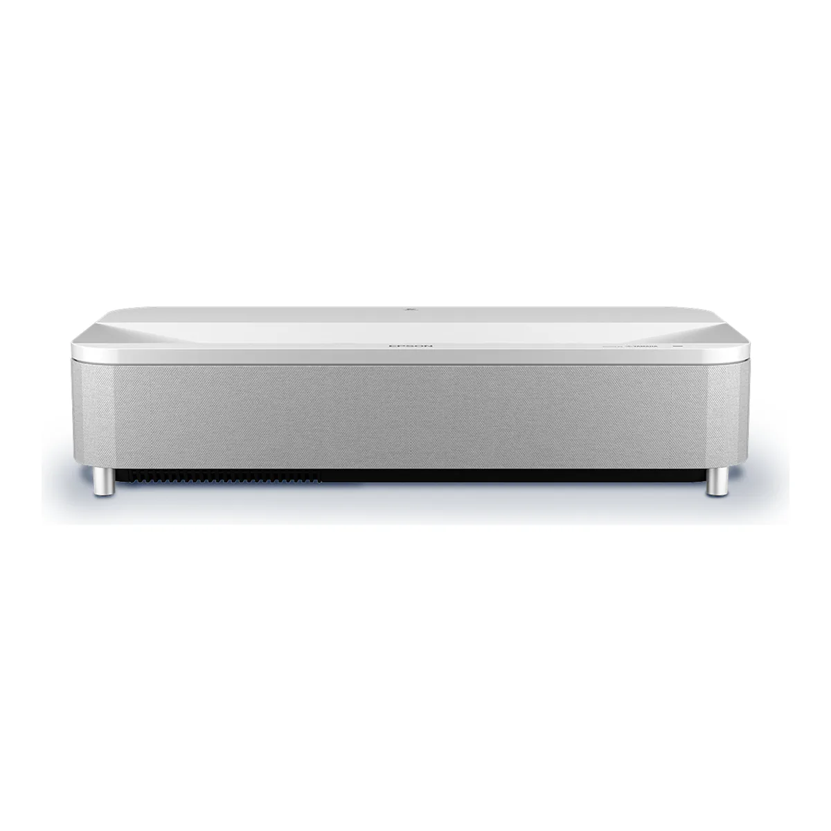 Epson EpiqVision Ultra LS800 ultra short throw laser projector in white, front view, showing the wraparound fabric speaker grille and the glossy top where the light exits