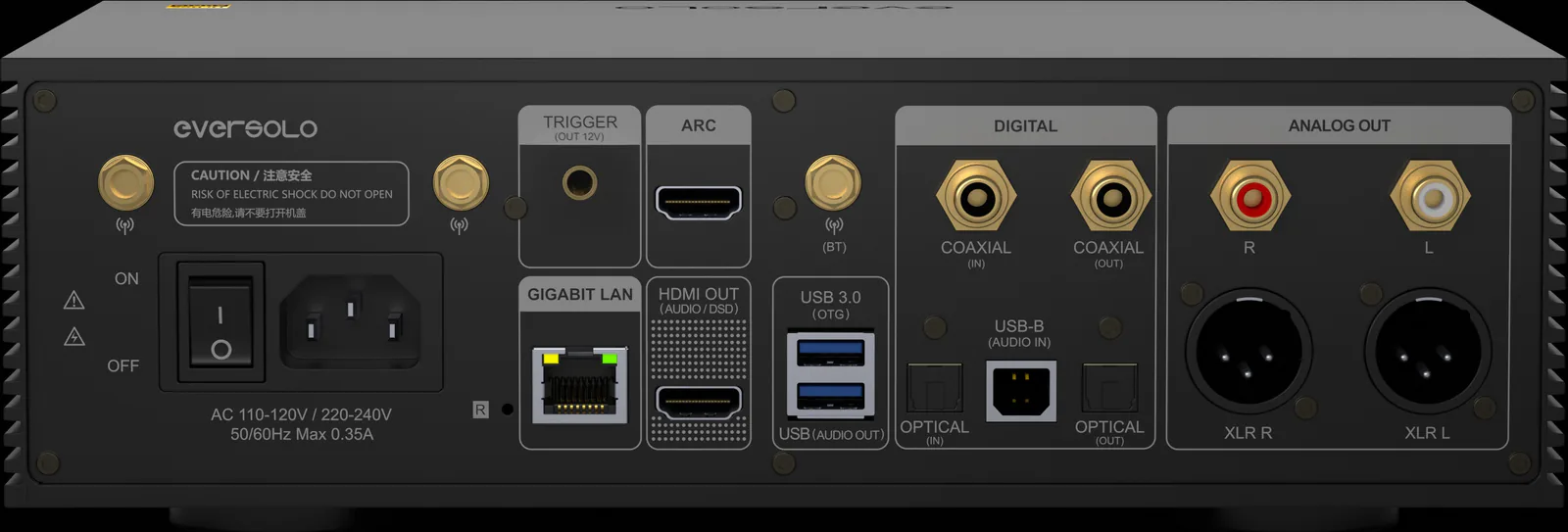 Eversolo DMP-A6 Gen 2 rear panel, with HDMI OUT marked audio and DSD, an HDMI ARC socket, coaxial and optical in and out, USB-B audio in, and XLR and RCA analog outputs