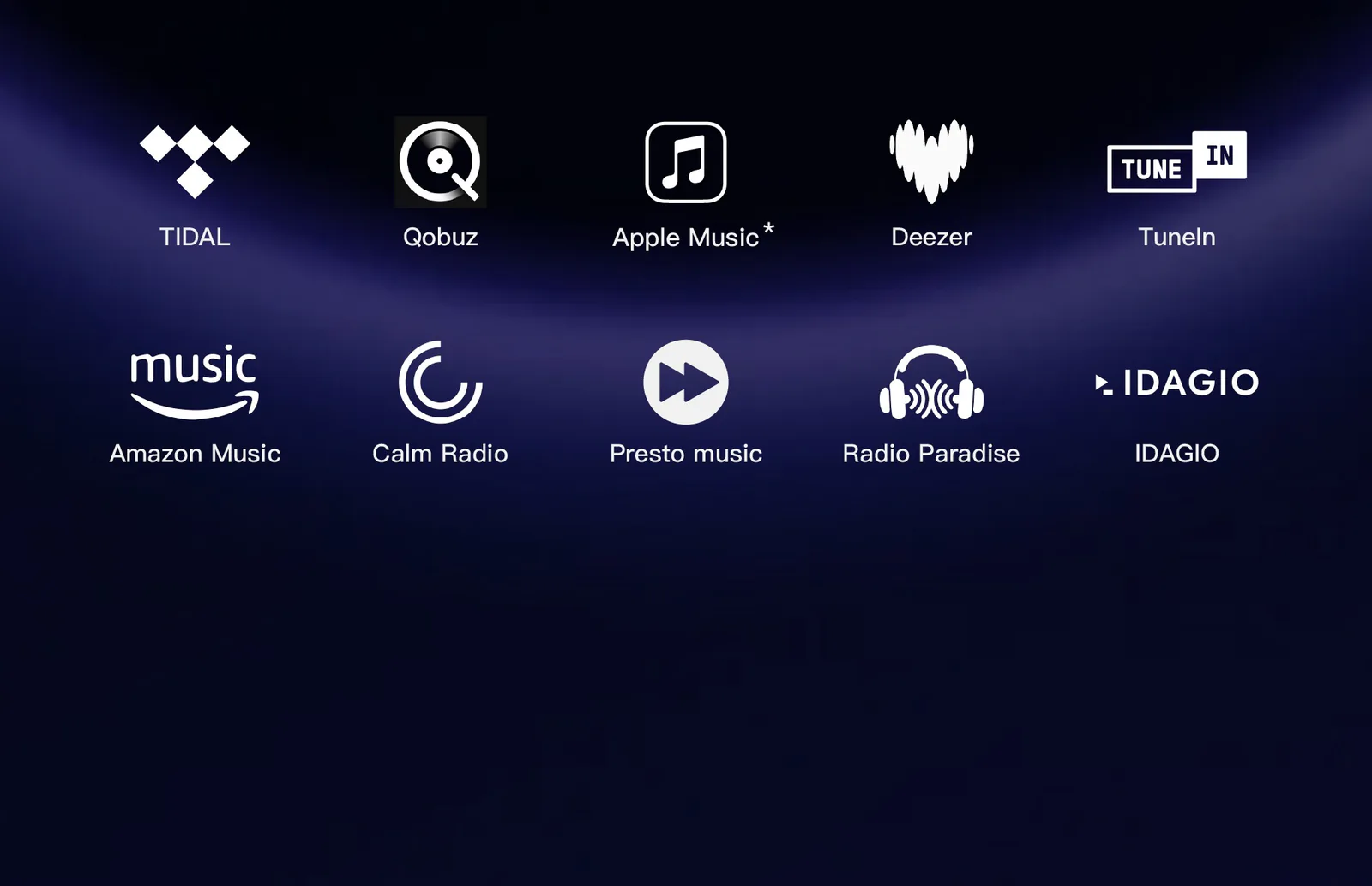 Streaming services panel from Eversolo's DMP-A6 Gen 2 page showing TIDAL, Qobuz, Apple Music with an asterisk, Deezer, TuneIn, Amazon Music, Calm Radio, Presto music, Radio Paradise and IDAGIO