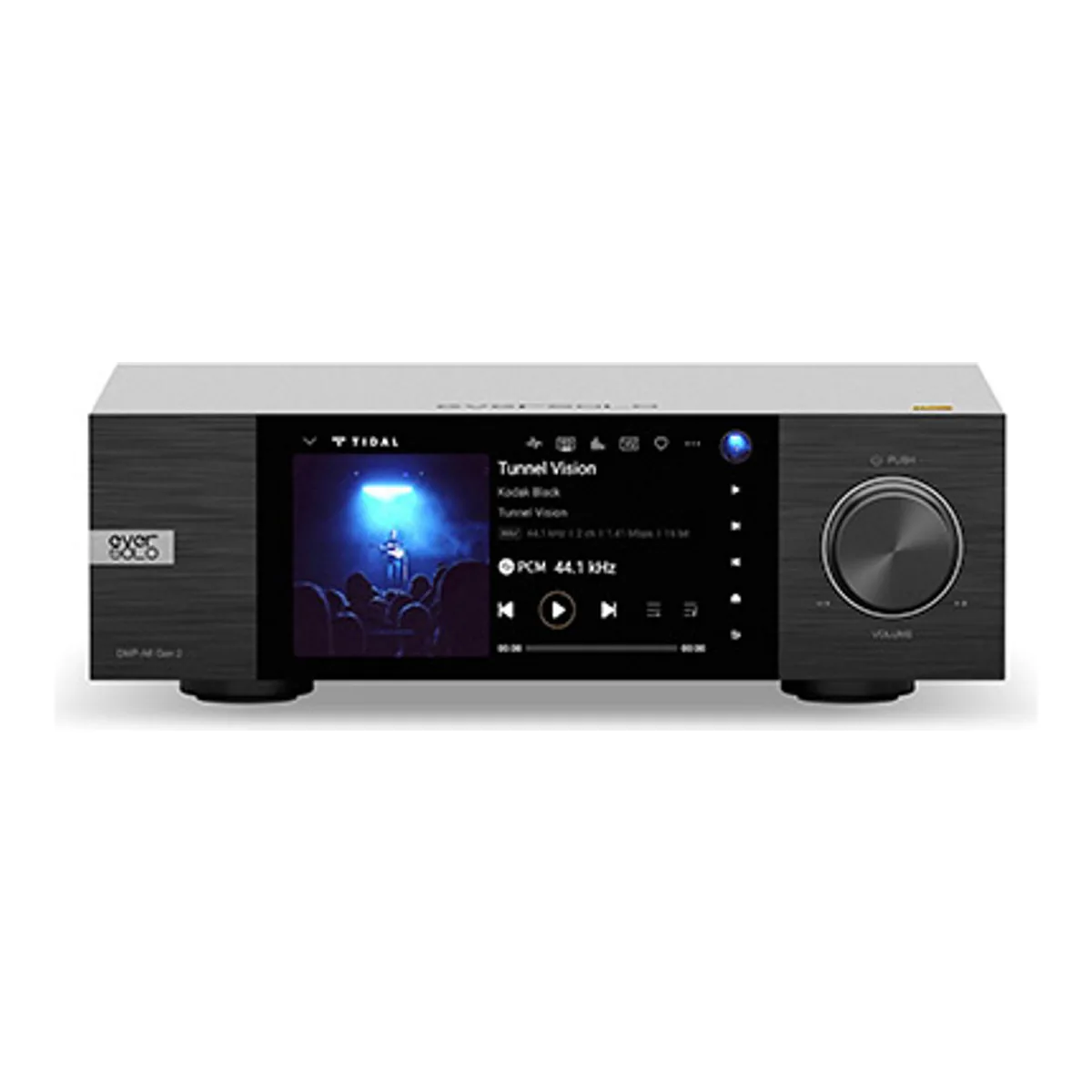 Eversolo DMP-A6 Gen 2 network streamer with its front touchscreen showing a Tidal track and the volume knob at the right