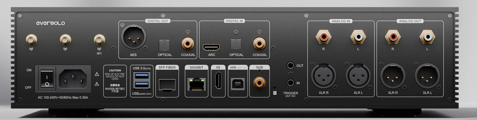 Eversolo DMP-A8 Gen 2 rear panel: a DIGITAL OUT block holding AES, optical and coaxial, a DIGITAL IN block holding HDMI ARC and its own optical and coaxial, then analog in and analog out blocks each carrying XLR and RCA, with IIS, USB, a subwoofer output, SFP fiber, gigabit ethernet and the mains inlet across the lower row