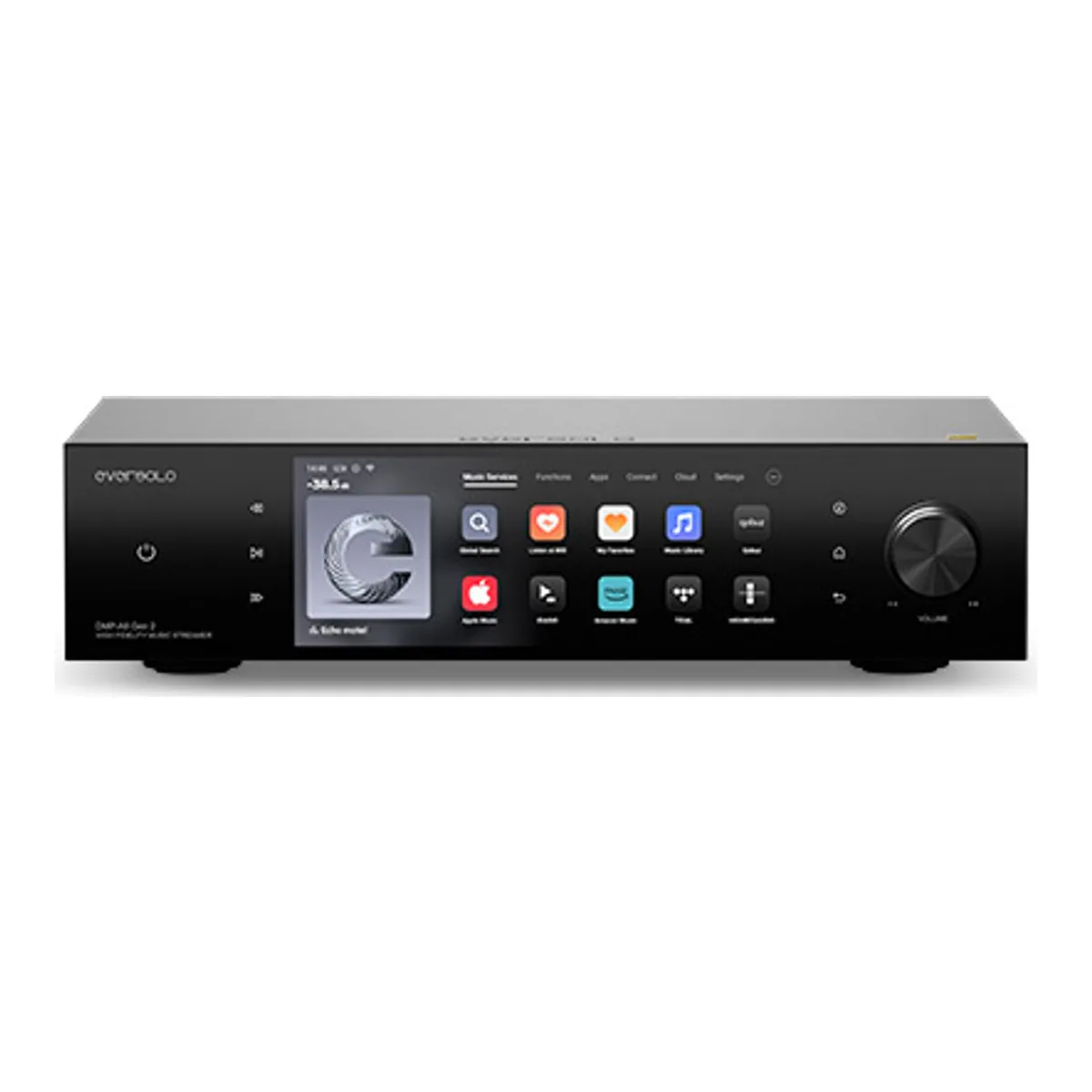 Eversolo DMP-A8 Gen 2 streaming DAC and preamp, front view with the music services grid on its screen