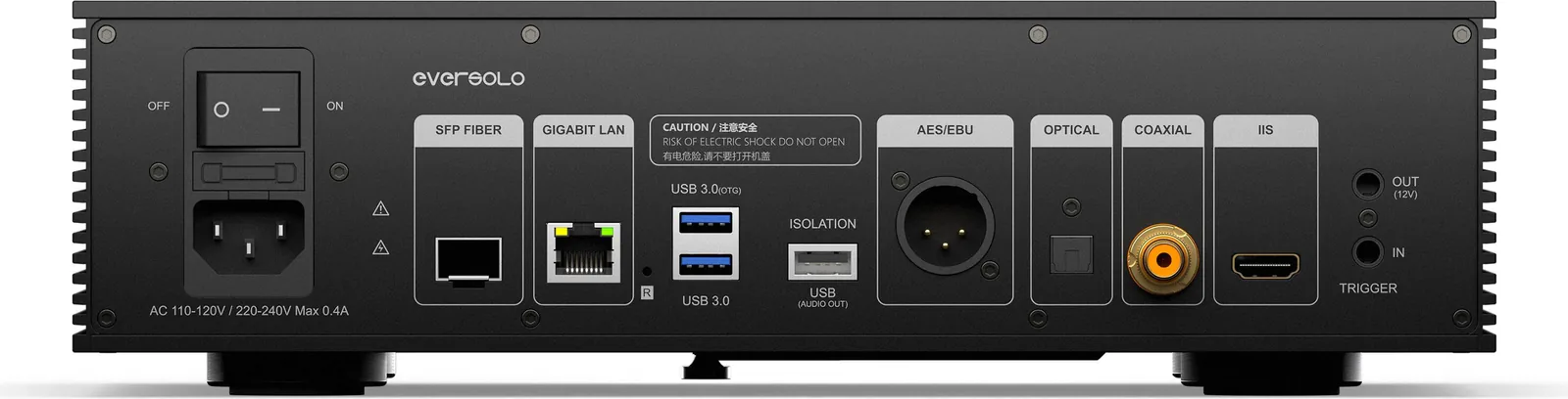 Eversolo T8 rear panel, left to right: mains switch and IEC inlet, SFP fiber, gigabit LAN, two USB 3.0 ports, an isolated USB audio output, AES/EBU on XLR, optical, coaxial, IIS, then a trigger output marked 12 V and a trigger input. No analog audio output anywhere on it