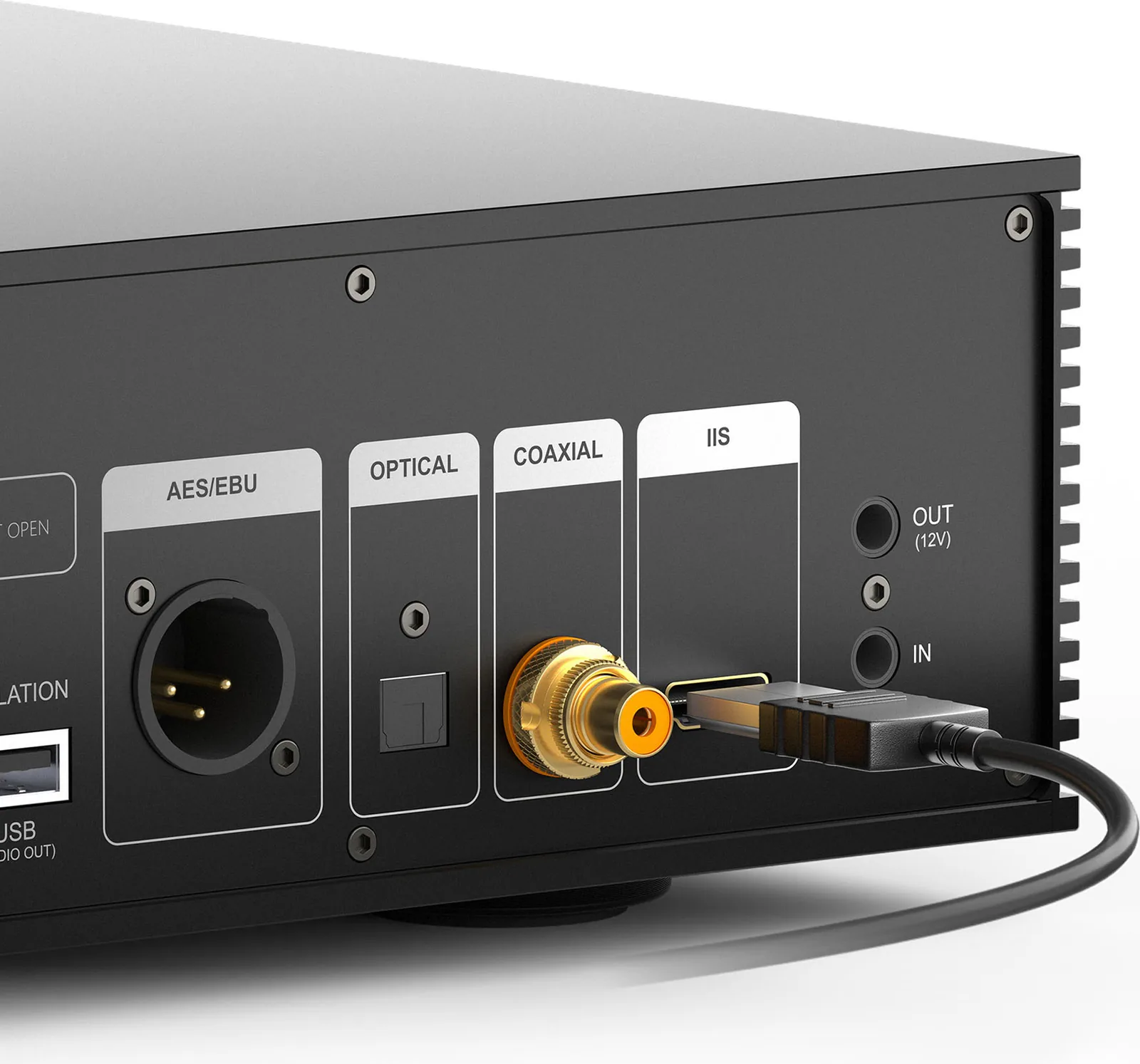 Close view of the Eversolo T8 digital output cluster: the isolated USB audio output at the left edge, then AES/EBU on an XLR socket, optical, coaxial, and the IIS port with a cable fitted