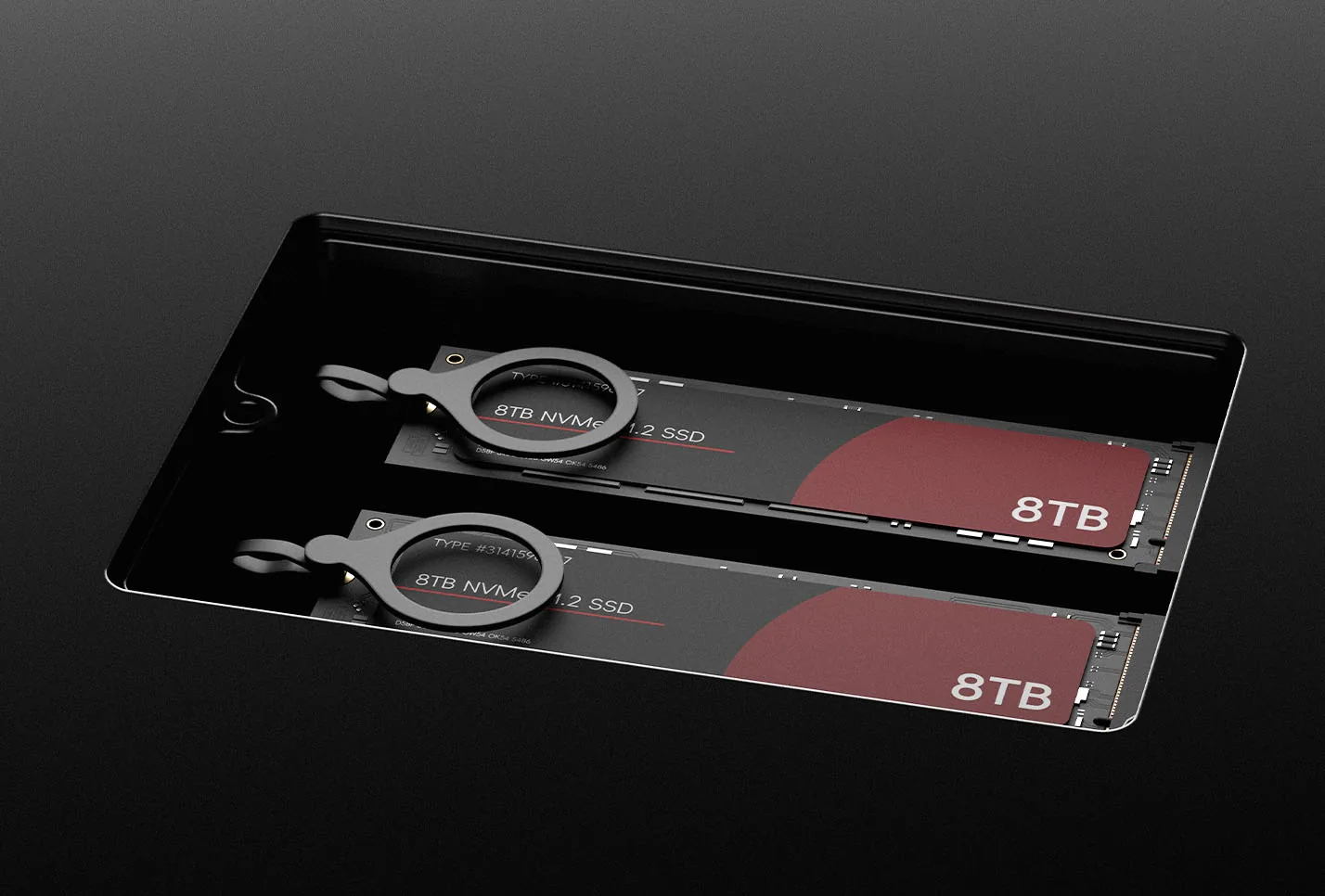 Two 8 TB drive sticks seated in the Eversolo T8 dual SSD tray, in Eversolo's own render