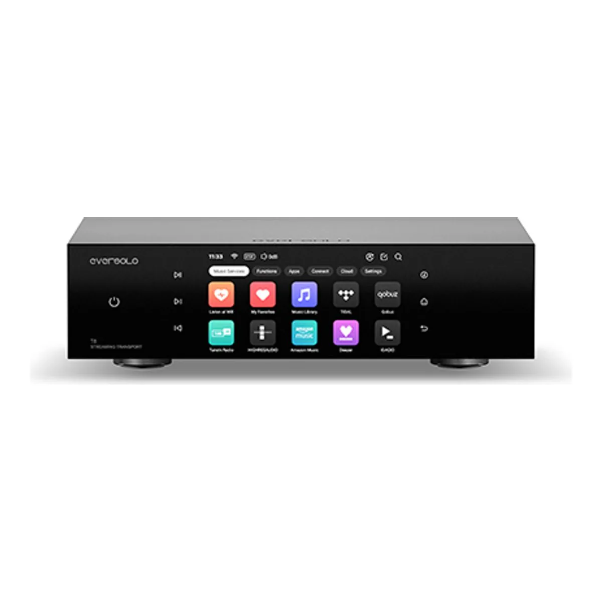 Eversolo T8 streaming transport, front view with the music services grid on its screen and no volume knob