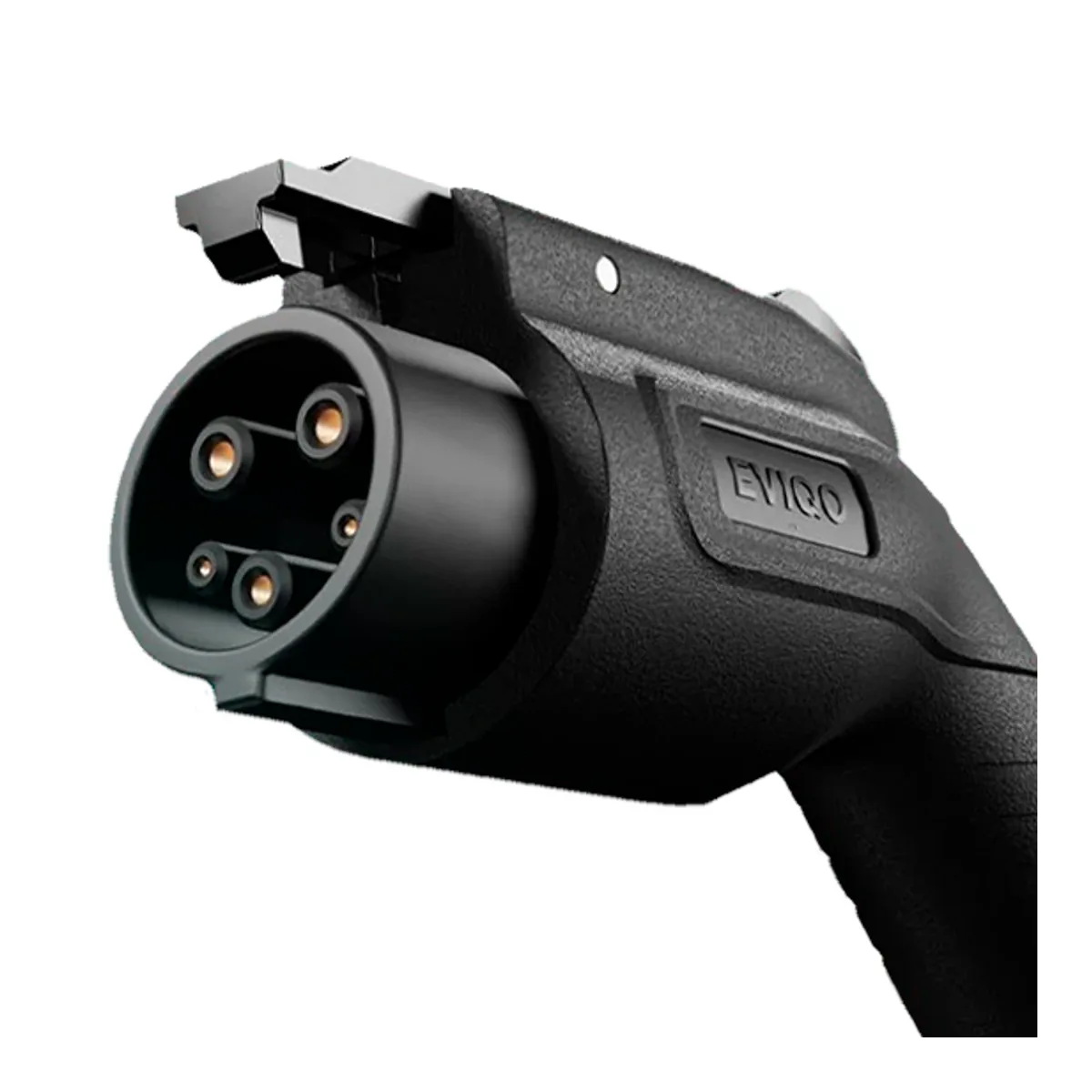 Close-up of the EVIQO J1772 connector face with five pins, a metal latch and a rubberized handle