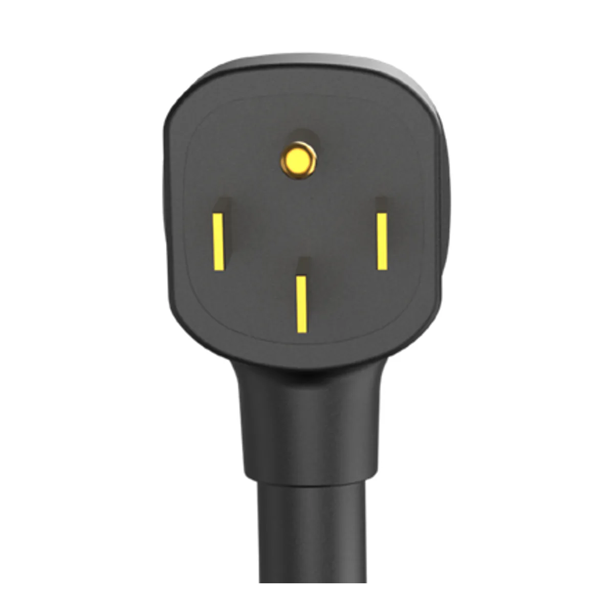 Face of the EVIQO NEMA 14-50 input plug with three flat blades and a round ground pin
