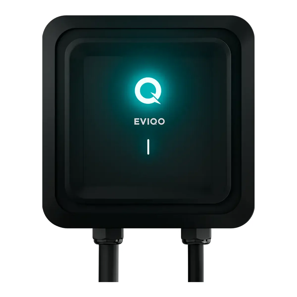 Front of the EVIQO EVIPOWER wall unit with the lit Q logo, status bar and two cable glands at the bottom