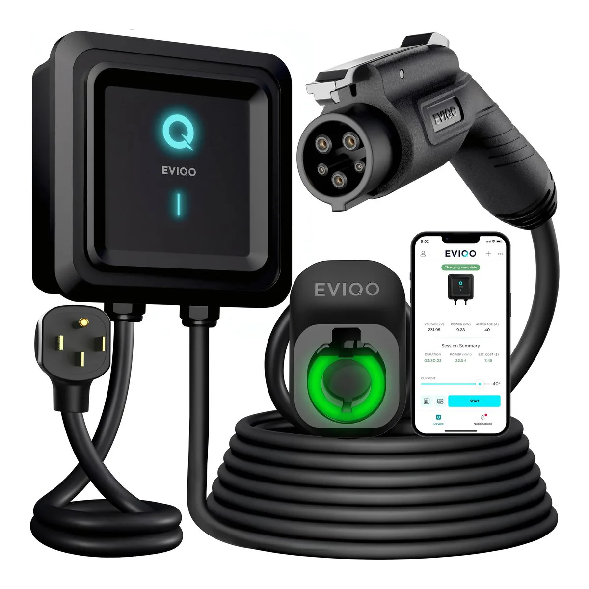 EVIQO EVIPOWER Gen 2 Level 2 EV charger with its NEMA 14-50 plug, J1772 connector, lit holster, coiled cable and the EVIQO app
