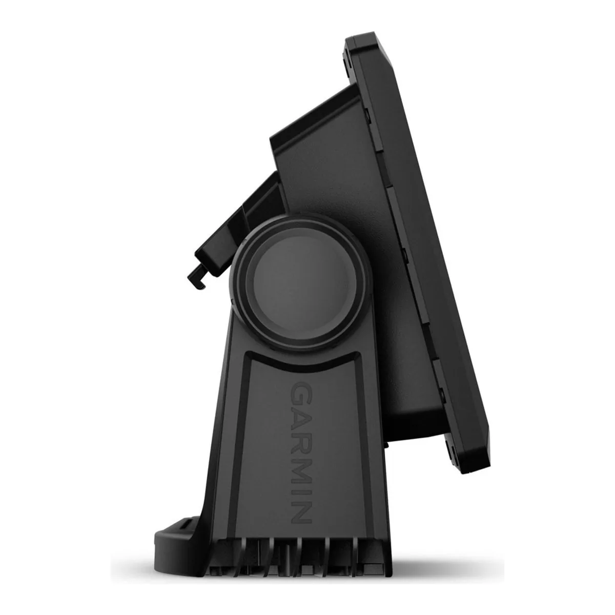 Side profile of the Garmin ECHOMAP UHD2 74sv tilted back in its quick-release bail mount
