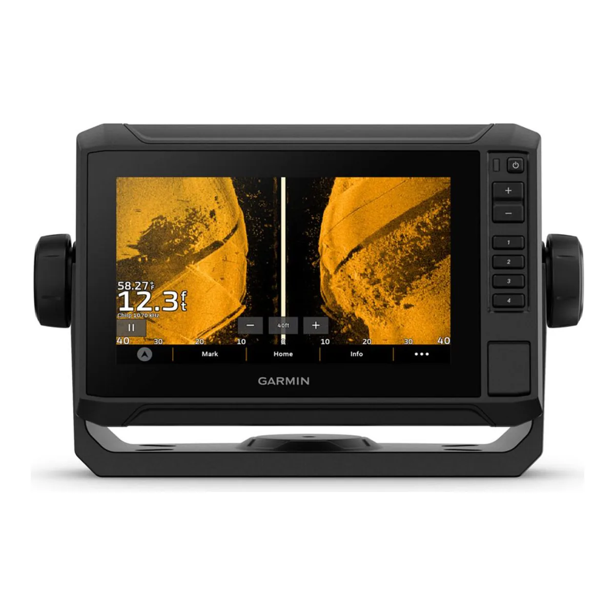 Garmin ECHOMAP UHD2 74sv 7 inch chartplotter, front view, SideVü sonar image on the screen with keys down the right edge