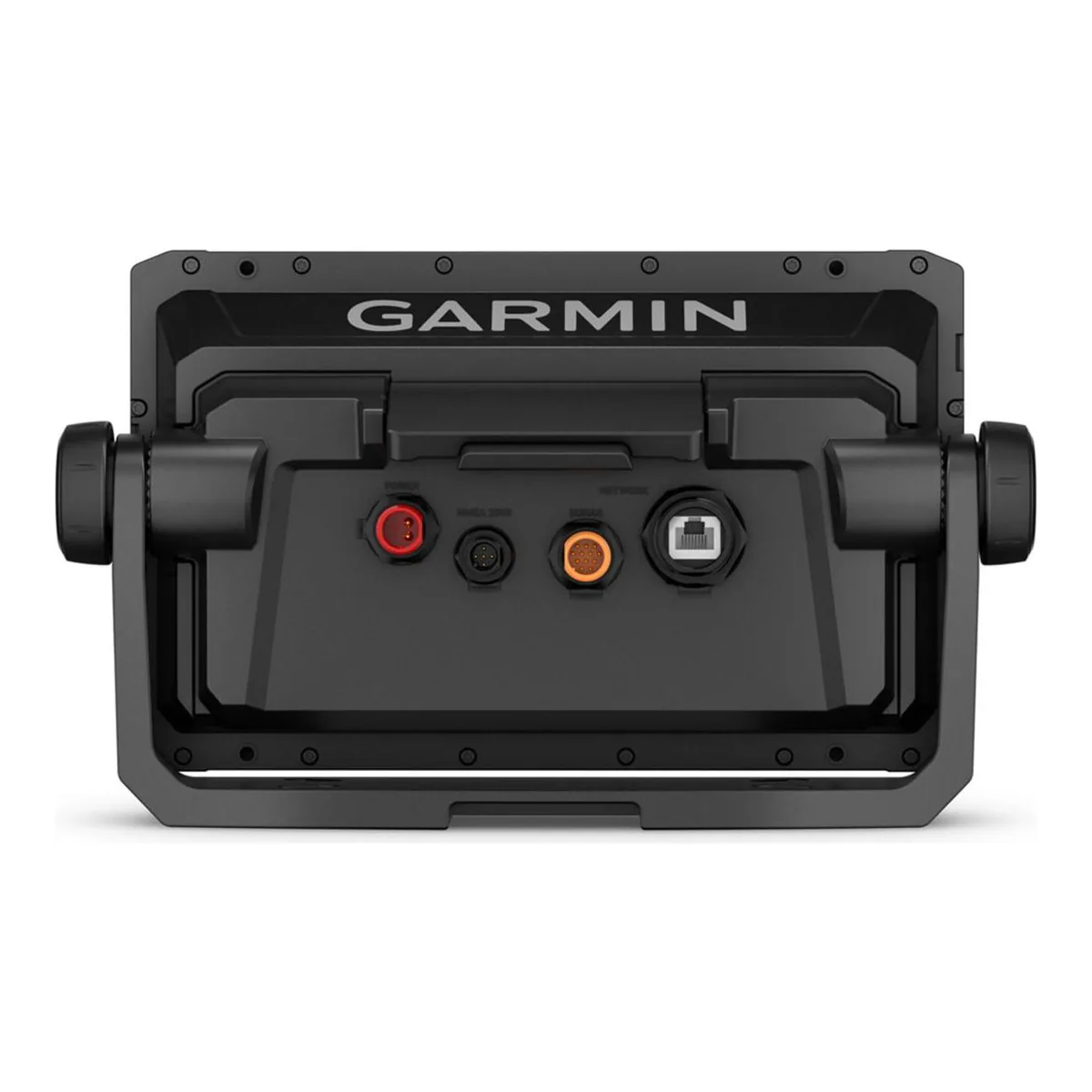 Back of the Garmin ECHOMAP UHD2 94sv in its bail mount, four ports labeled POWER, NMEA 2000, SONAR and NETWORK