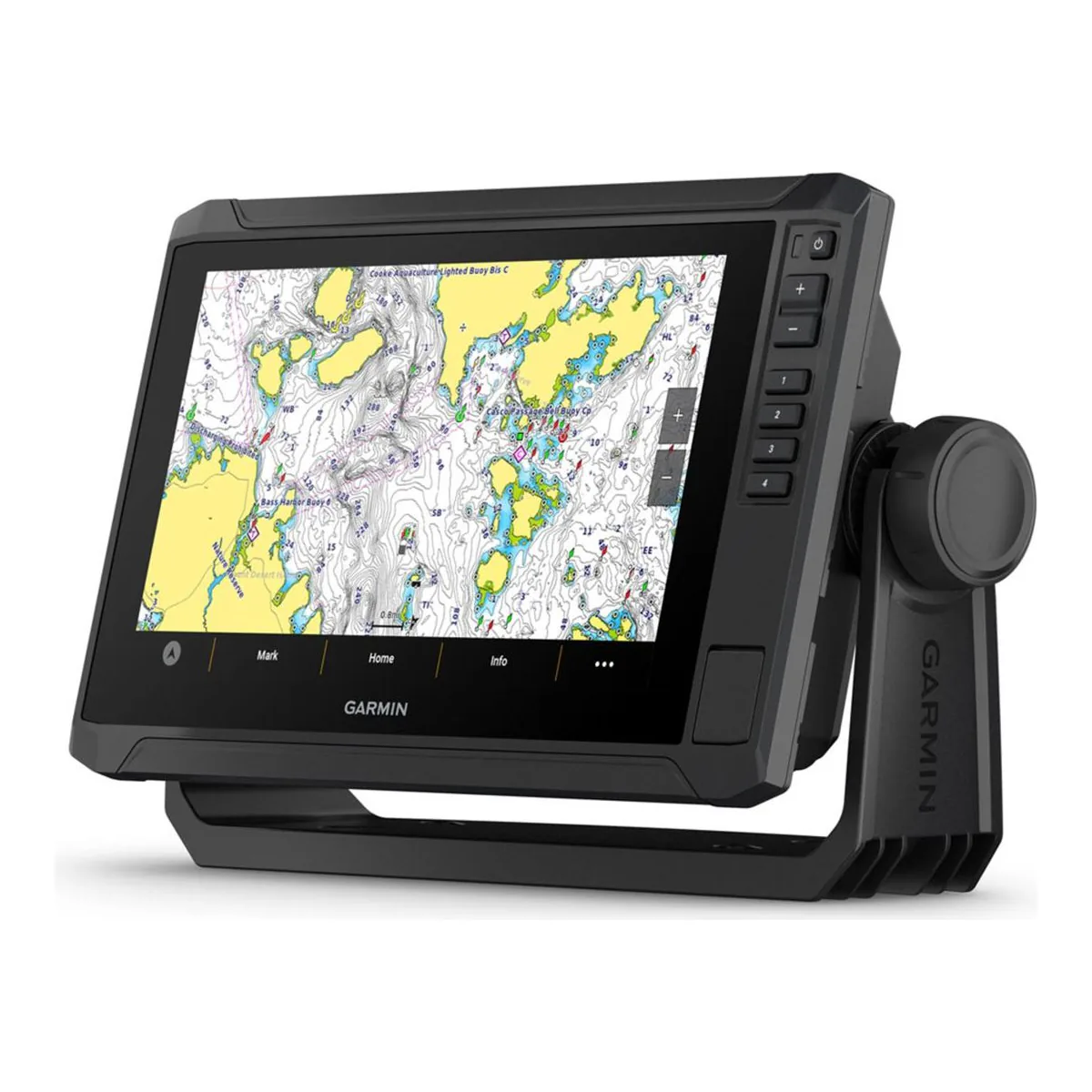 Garmin ECHOMAP UHD2 94sv on its bail mount showing a Navionics chart with yellow land and depth contours