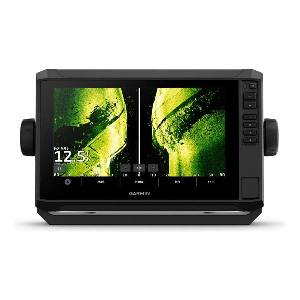 Garmin ECHOMAP UHD2 94sv 9 inch chartplotter, front view, SideVü sonar split to port and starboard on the screen