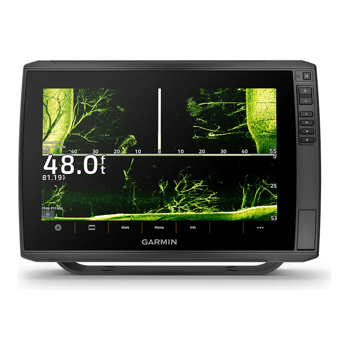ECHOMAP Ultra 2 screen split for SideVü, green side-scanning sonar of trees and bottom to the left and right of the boat