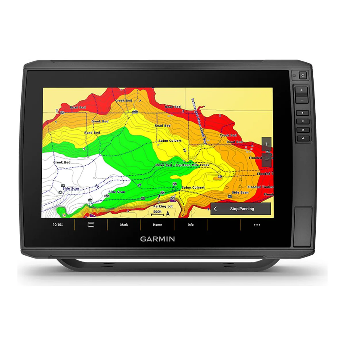 ECHOMAP Ultra 2 screen showing a lake chart shaded red, yellow and green by depth, with creek beds, road beds and flooded timber labeled