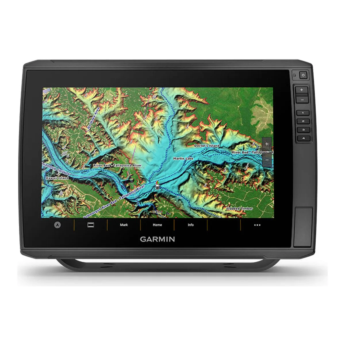 ECHOMAP Ultra 2 screen showing a relief-shaded Navionics chart of a lake and its river channels