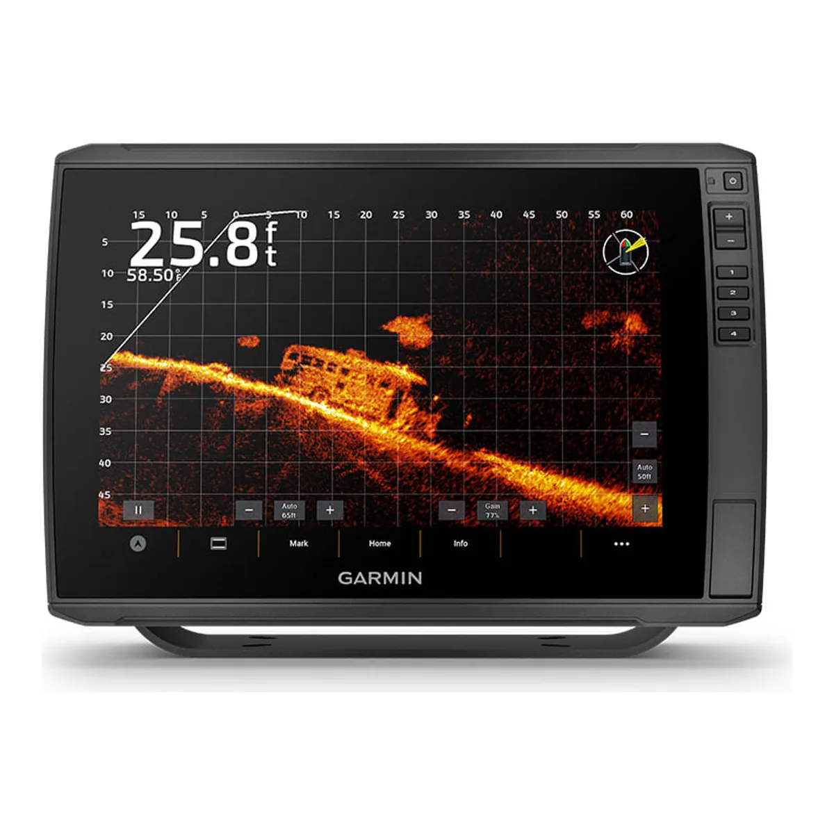 Garmin ECHOMAP Ultra 2 12-inch 126sv chartplotter, front view, ClearVu scanning-sonar image of submerged structure on the touchscreen with the keyed-assist buttons down the right edge