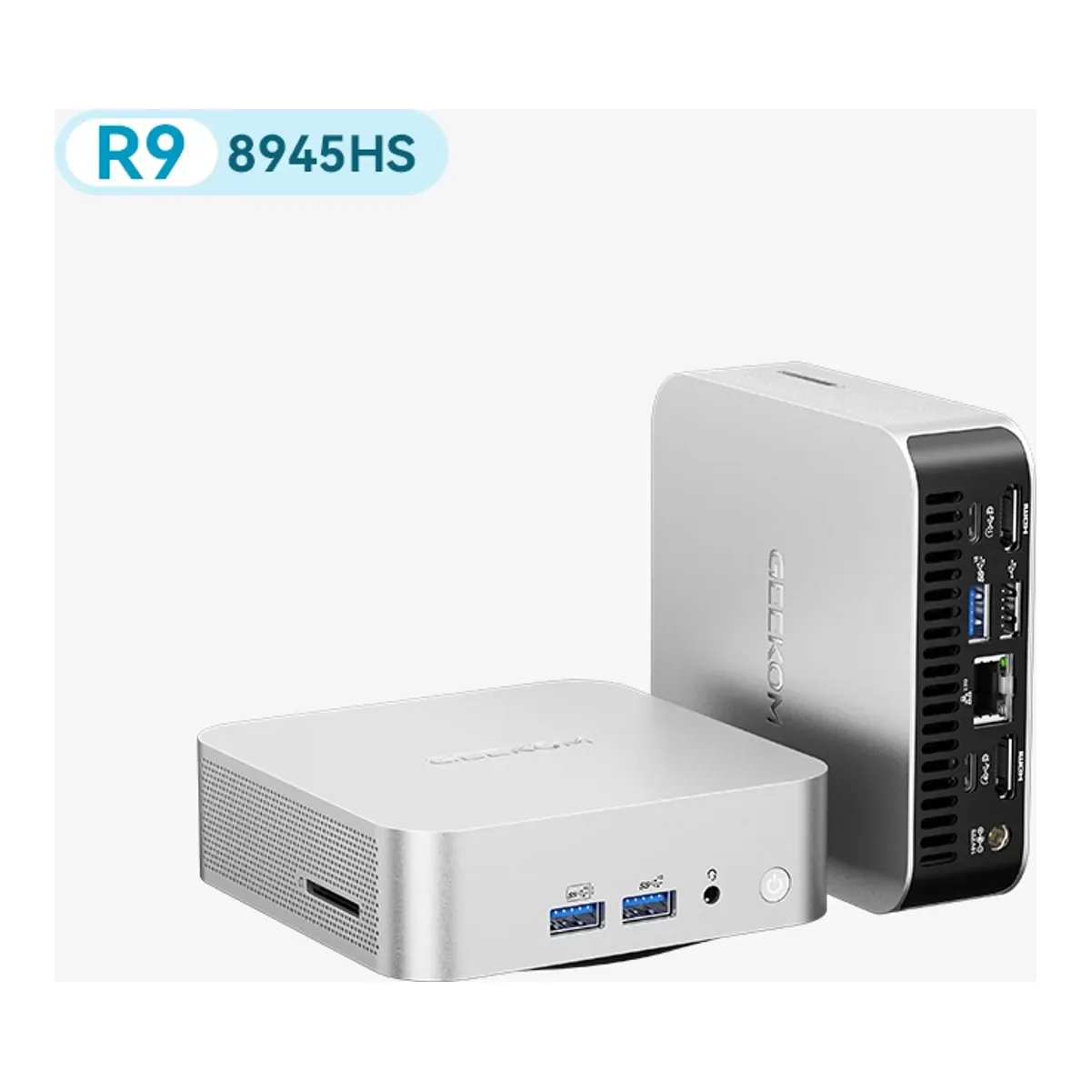 GEEKOM A8 mini PC in silver, front and rear shown together, with USB ports and dual HDMI
