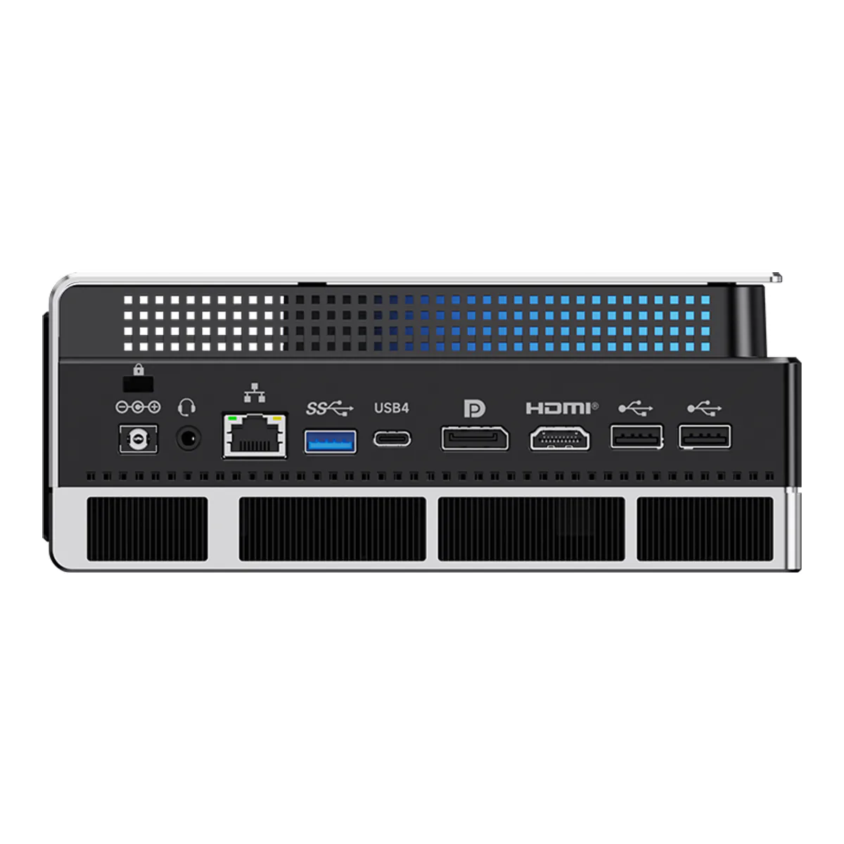 EVO-X2 rear panel showing one RJ45, one USB4 Type-C, DisplayPort, HDMI, one SuperSpeed USB Type-A and two USB 2.0 Type-A ports