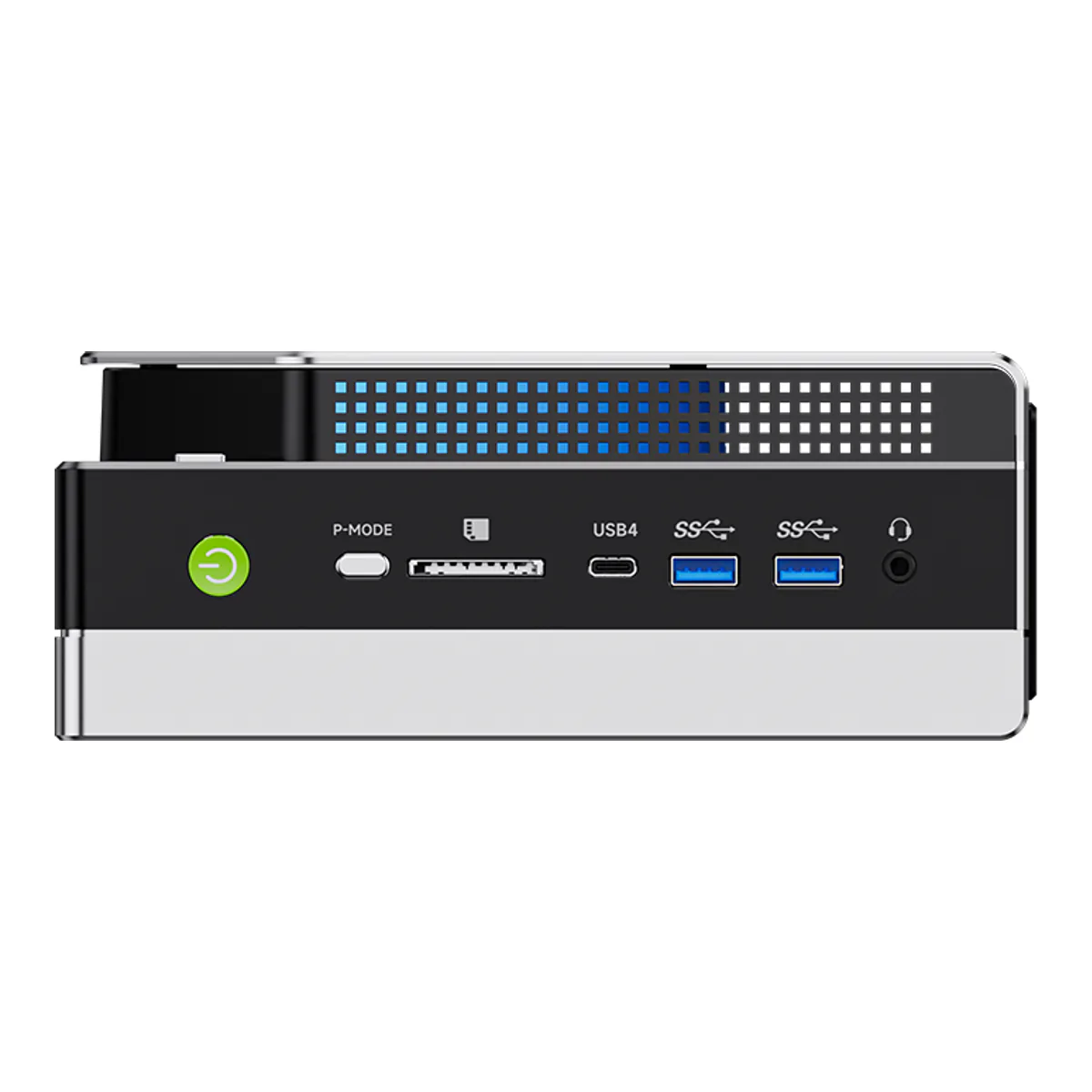 EVO-X2 front panel with power button, P-MODE switch, SD card reader, USB4 and two USB Type-A ports