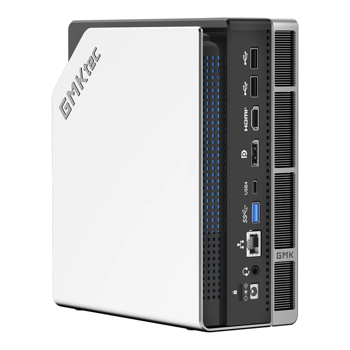 EVO-X2 from a rear three-quarter angle, with four louvered vent segments stacked down the edge beside the port column