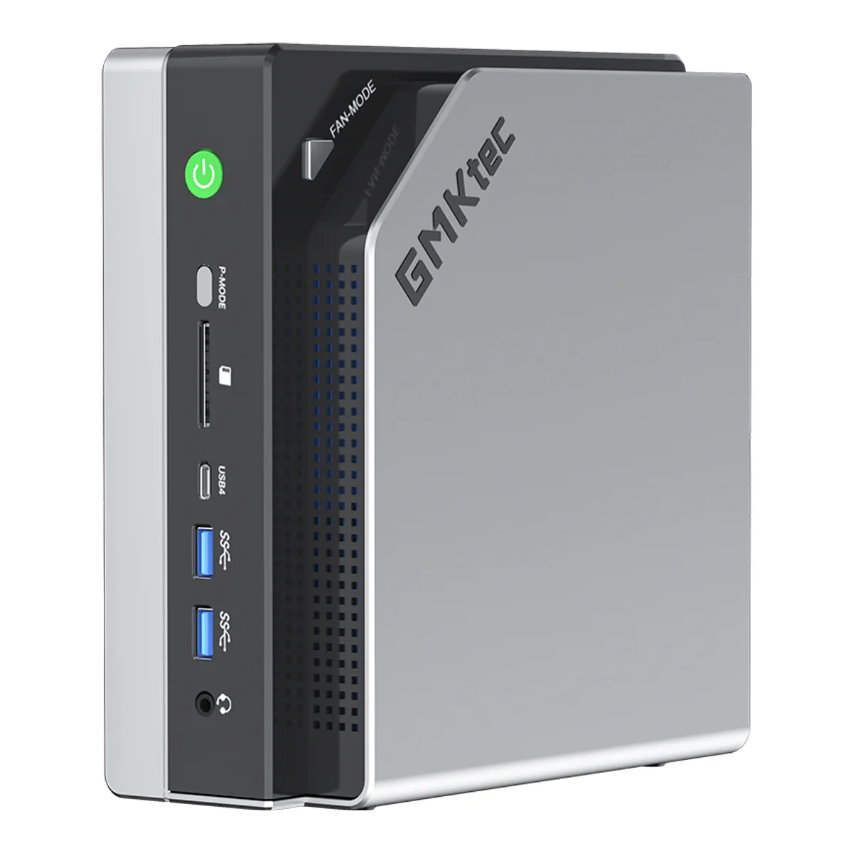 GMKtec EVO-X2 AI mini PC standing vertically, front panel with power button, SD reader and USB4