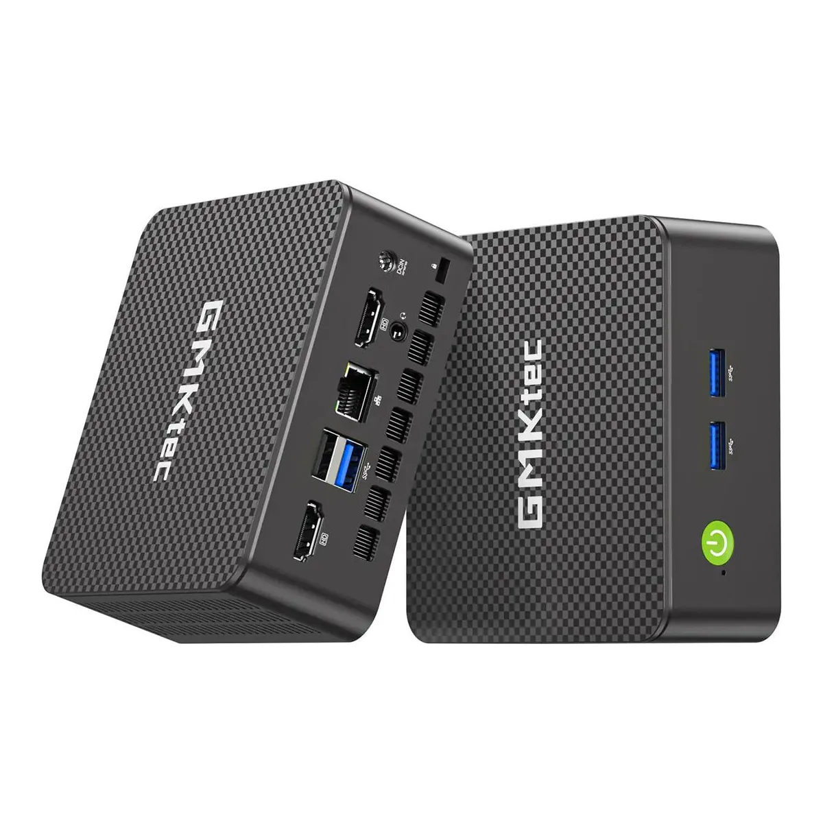 Two GMKtec G3S units angled together showing the rear HDMI pair, RJ45 and USB ports alongside the front panel