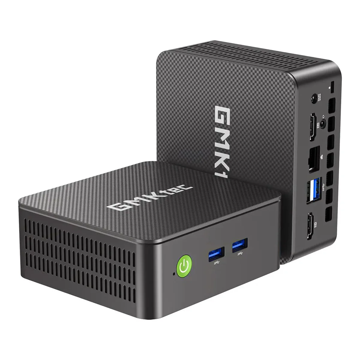 GMKtec G3S shown from the front and rear together, with the green power button and front USB Type-A pair
