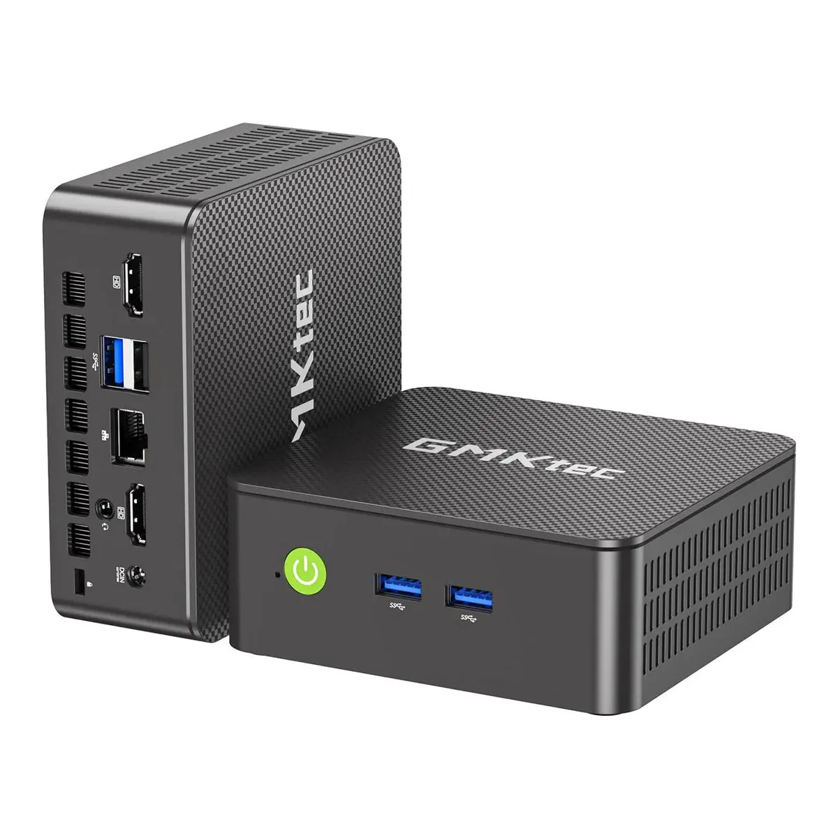 GMKtec G3S mini PC in black, two units showing the front USB ports and the rear dual HDMI and RJ45