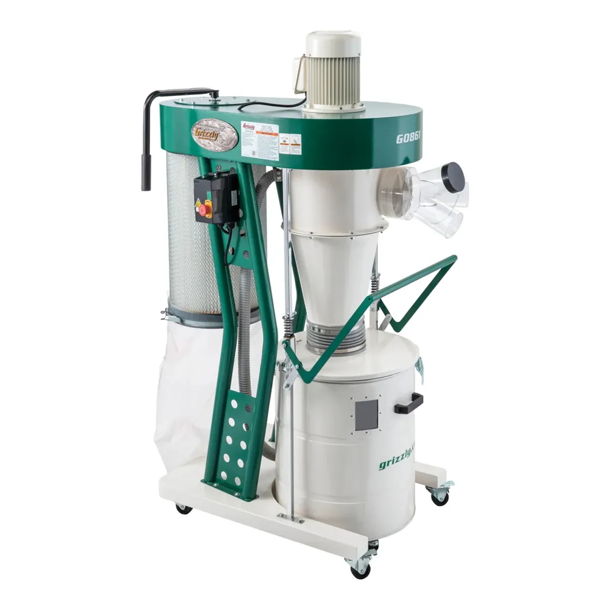 Grizzly G0861 2 HP portable cyclone dust collector with a green frame and a 7 inch three-way splitter intake
