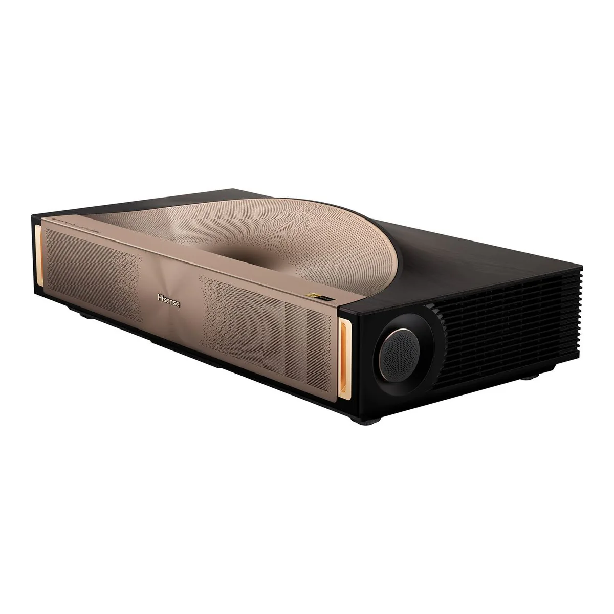 Hisense L9Q three quarter view showing the front grille, the curved top and one round side speaker