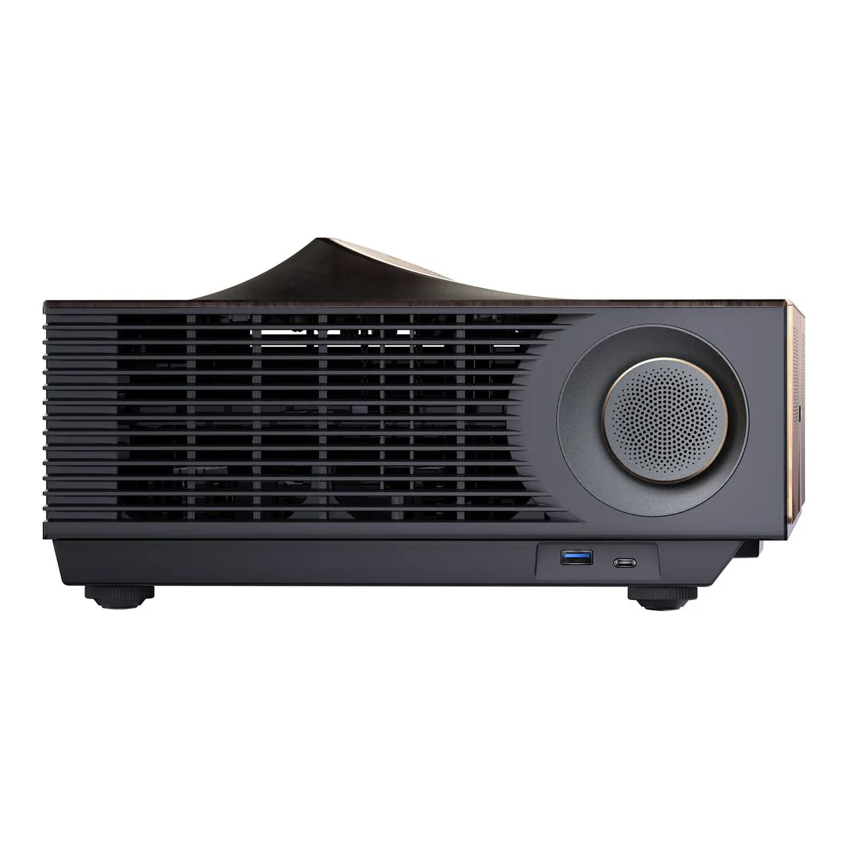 Hisense L9Q side panel with cooling vents, a round side speaker and one USB-A and one USB-C port