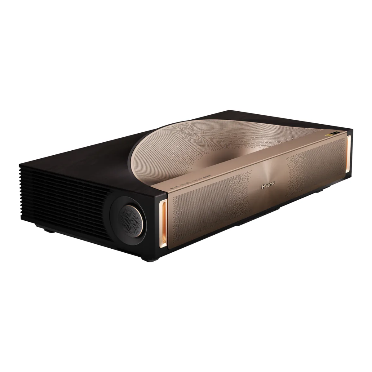 Hisense L9Q Pro triple laser ultra short throw projector, three quarter view with the bronze curved speaker top and side driver