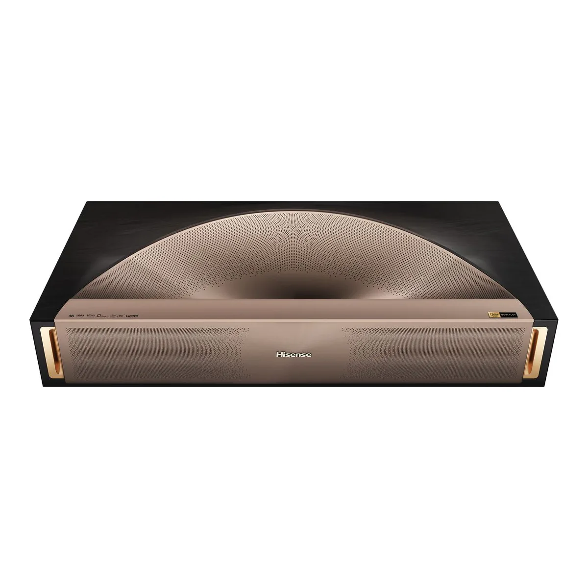 Hisense L9Q ultra short throw triple laser projector, front view with copper speaker grille and curved top