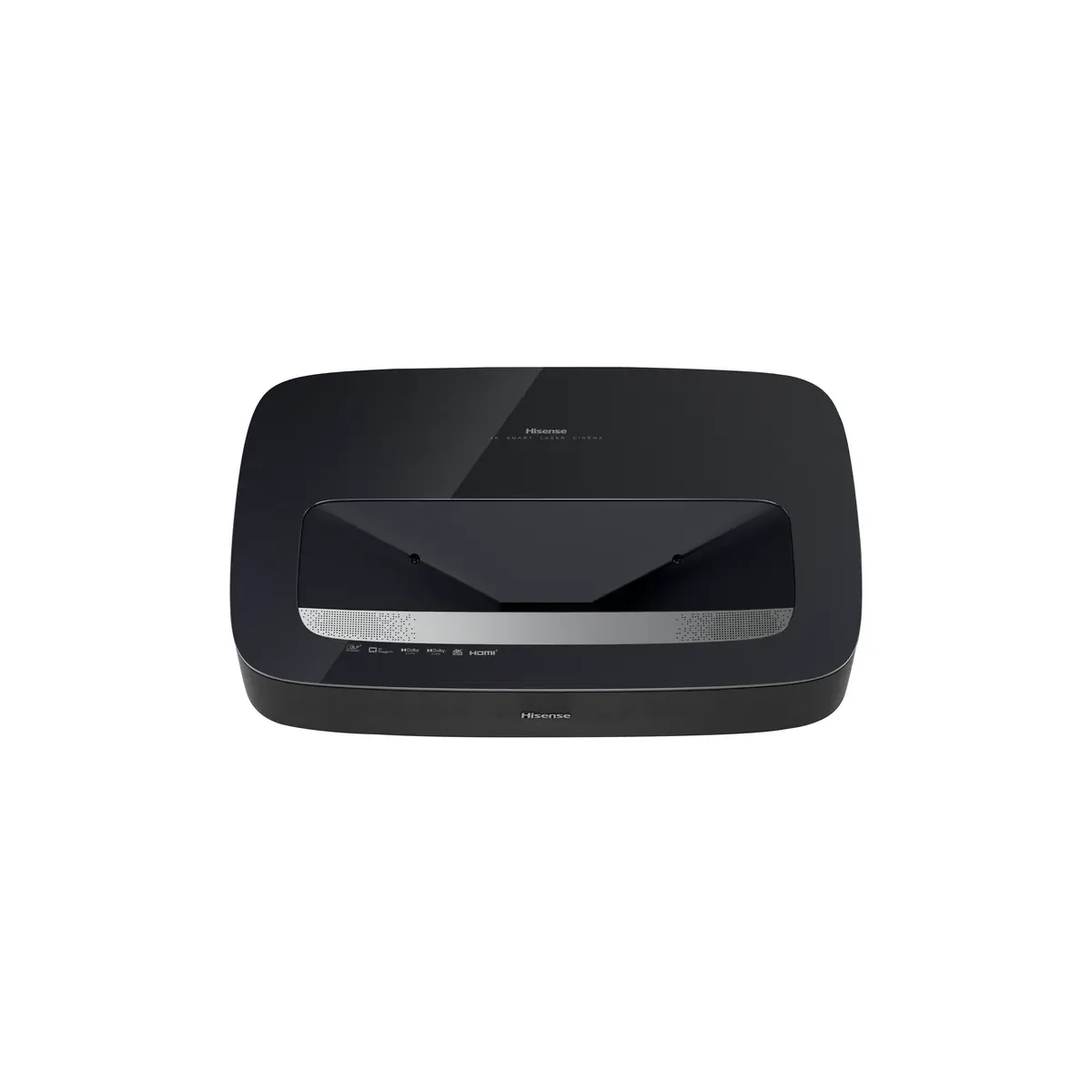 Top view of the Hisense PL2 showing the recessed lens window, speaker grilles and the 4K Smart Laser Cinema lettering