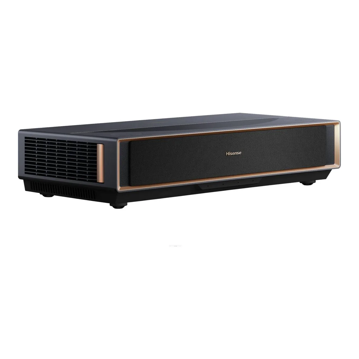 Hisense PT1 triple laser ultra short throw projector, three quarter view with the dark fabric front and copper trim