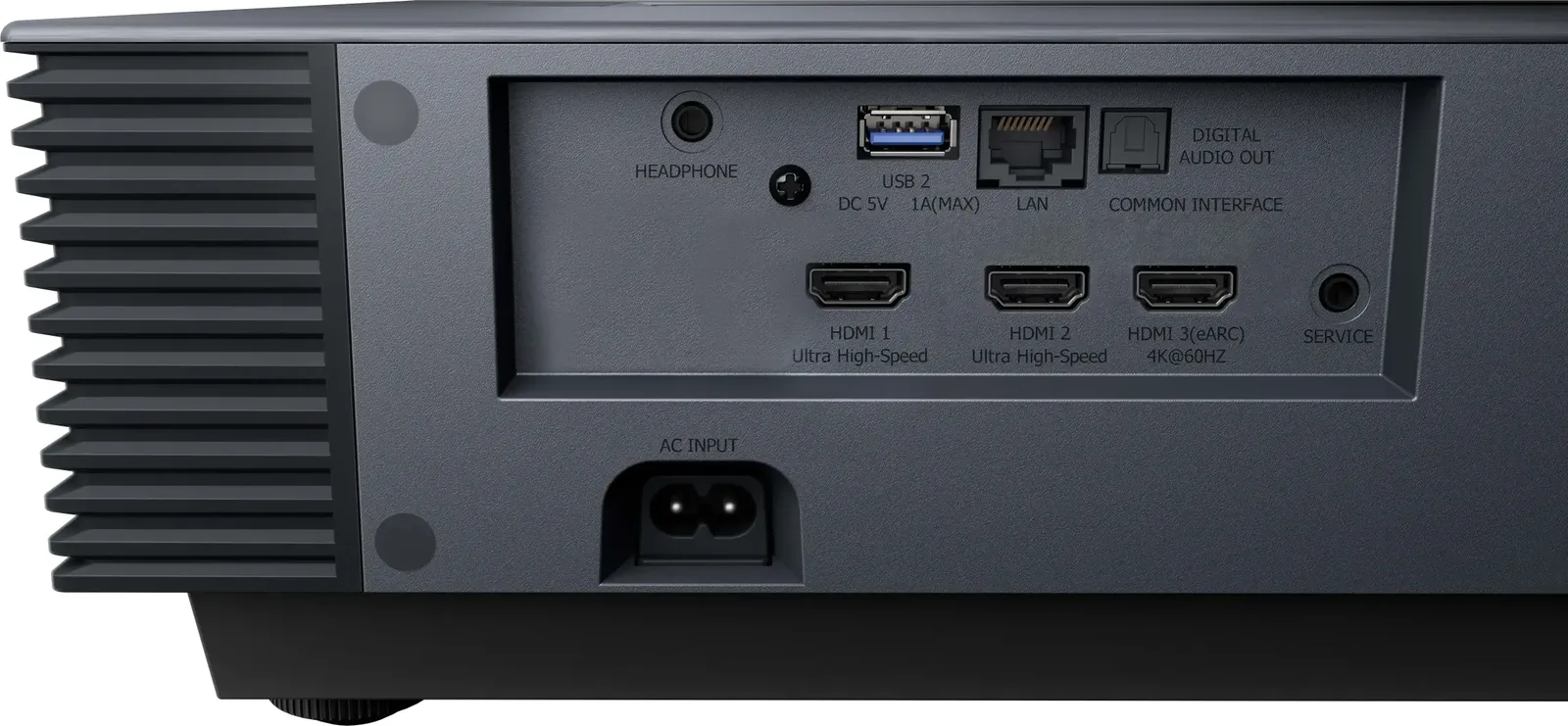 Hisense PX3-PRO rear input panel with three HDMI ports, HDMI 3 marked eARC and 4K at 60Hz, plus optical, LAN, USB and headphone