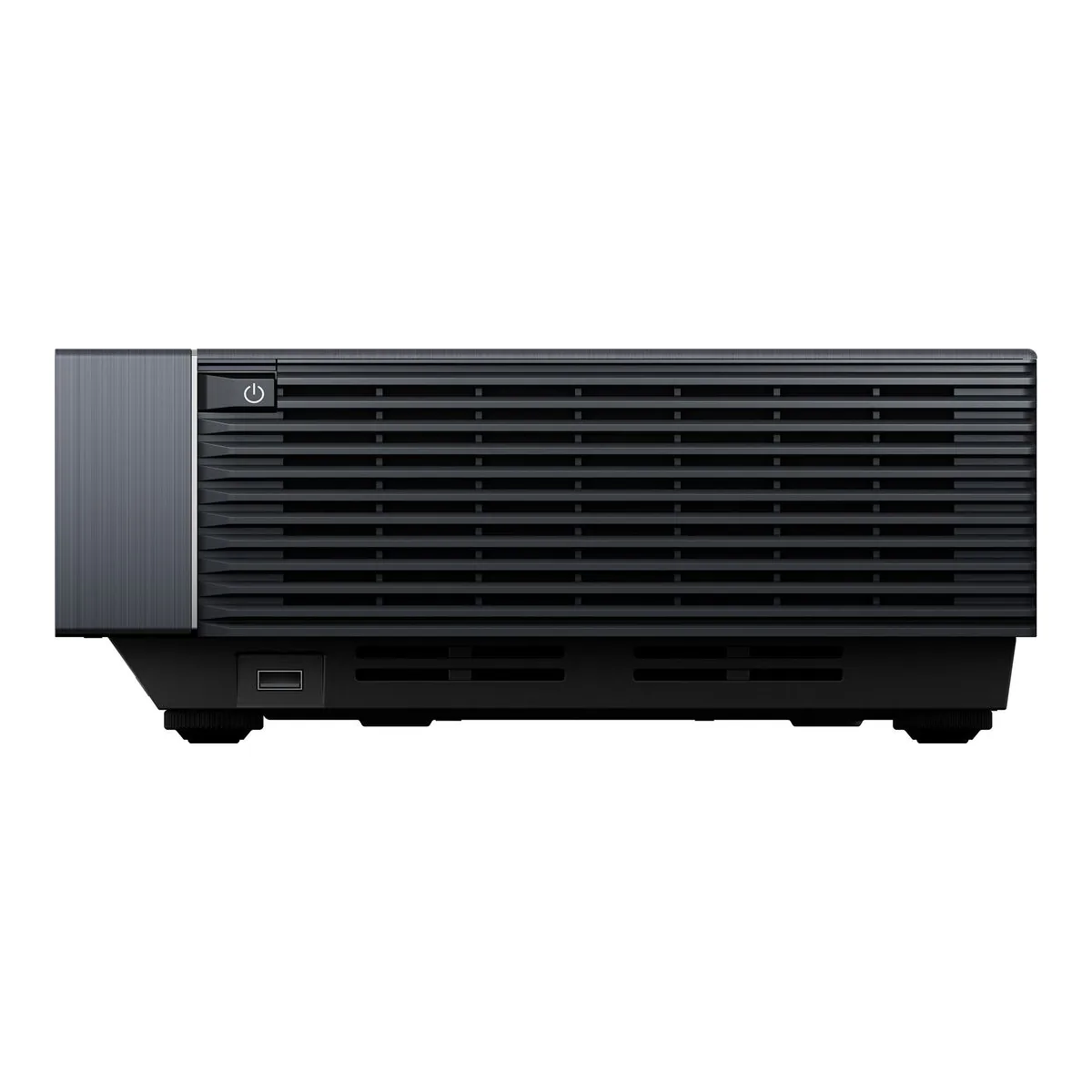 Side view of the Hisense PX3-PRO with a full height vent grille, the power button at the top corner and a USB port at the base