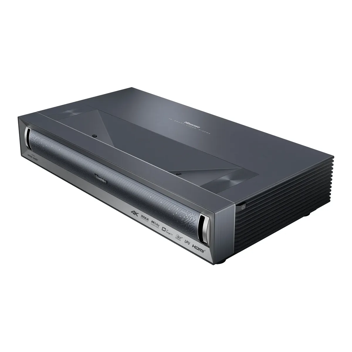 Hisense PX3-PRO triple laser ultra short throw projector in gray, front three quarter view with the Harman Kardon speaker bar