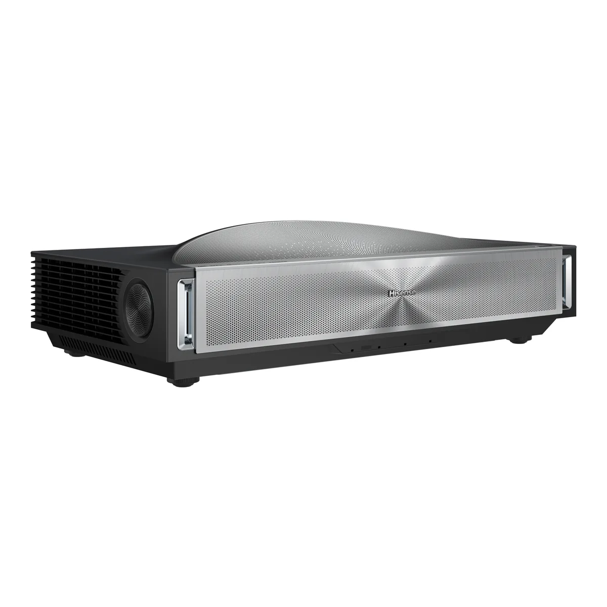 Hisense PX4-PRO triple laser ultra short throw projector, three quarter view with the silver curved speaker grille on top