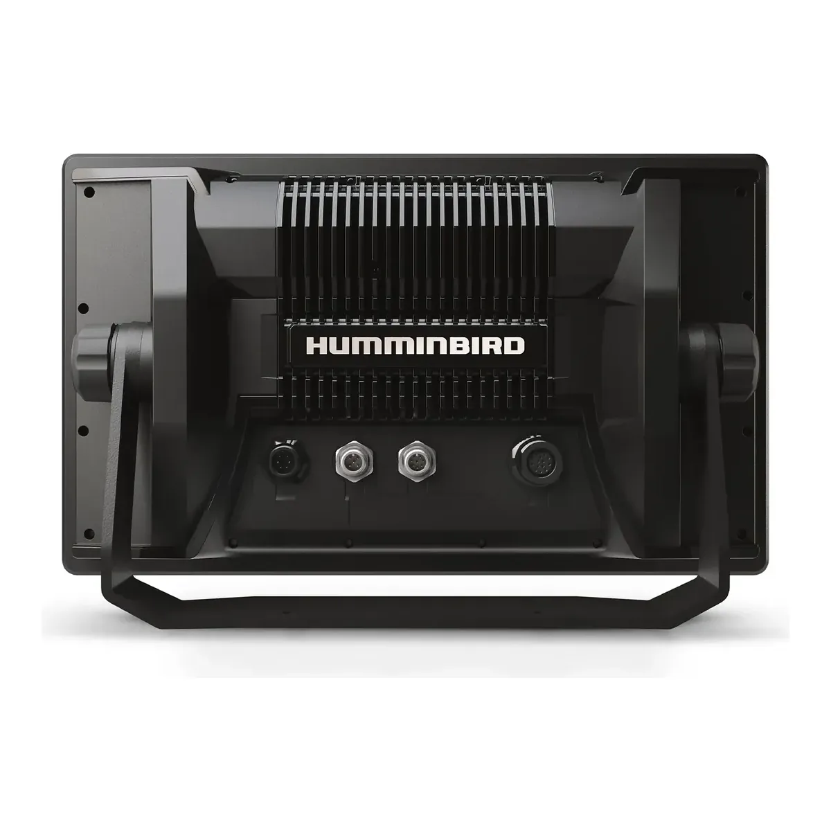 Back of the Humminbird XPLORE 12 on its gimbal bracket, a finned heat sink above a row of four cable connectors