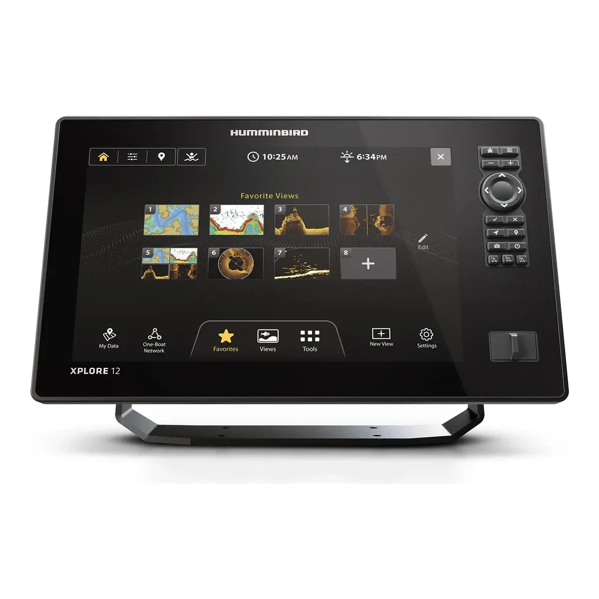 Humminbird XPLORE 12 home screen with favorite views tiled across the 12 inch display and the keypad down the right edge