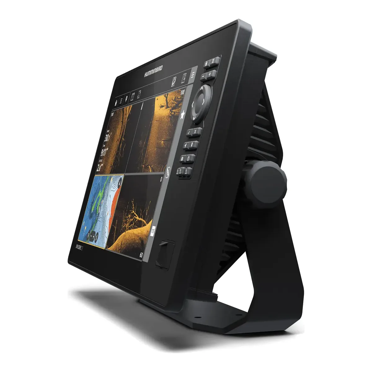 Humminbird XPLORE 12 at a three-quarter angle showing the keypad column beside the touchscreen and the gimbal knob on its bracket