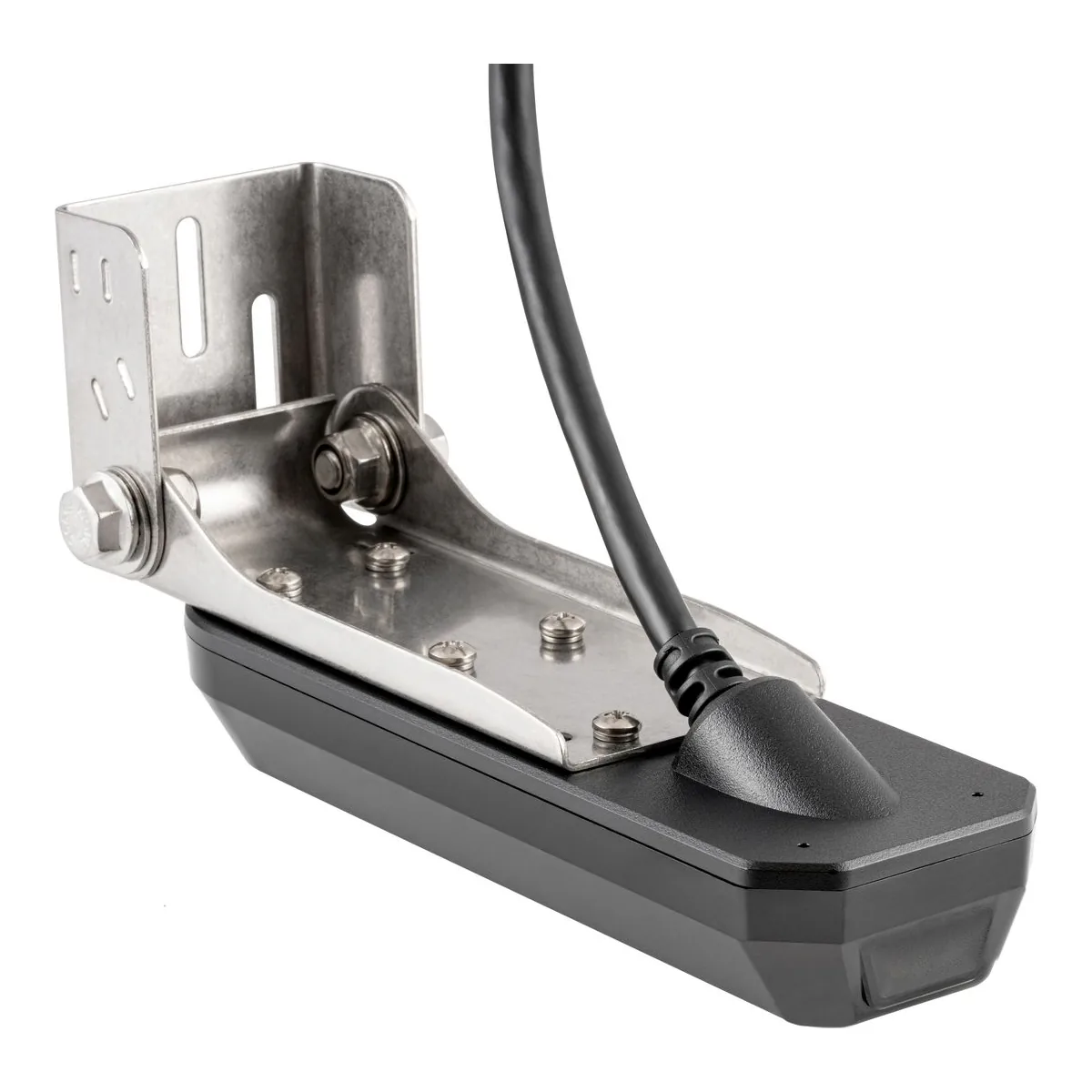 Humminbird XM 14 HW CMSI T transom transducer fitted to its stainless steel mounting bracket with the cable attached