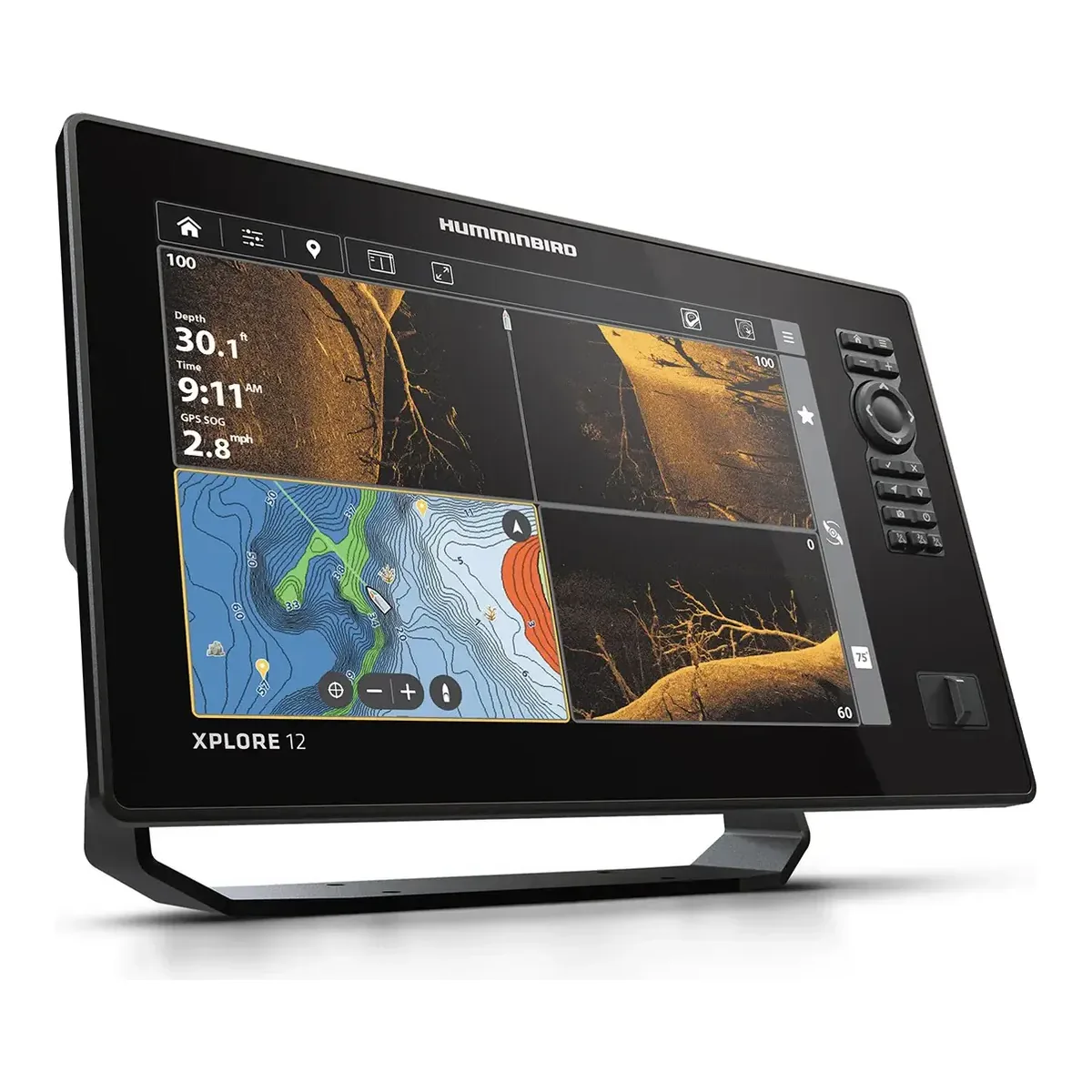 Humminbird XPLORE 12 CMSI+ fish finder on its gimbal mount, split screen of side imaging, down imaging and a LakeMaster chart